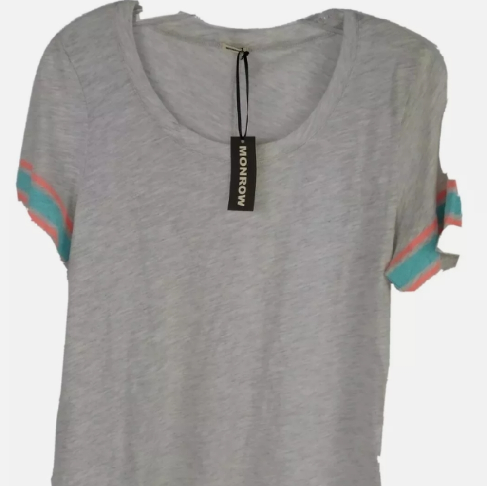  Monrow Women's Size Medium Sheer Stripe Short Sleeve Gray Pull Over Blouse New 